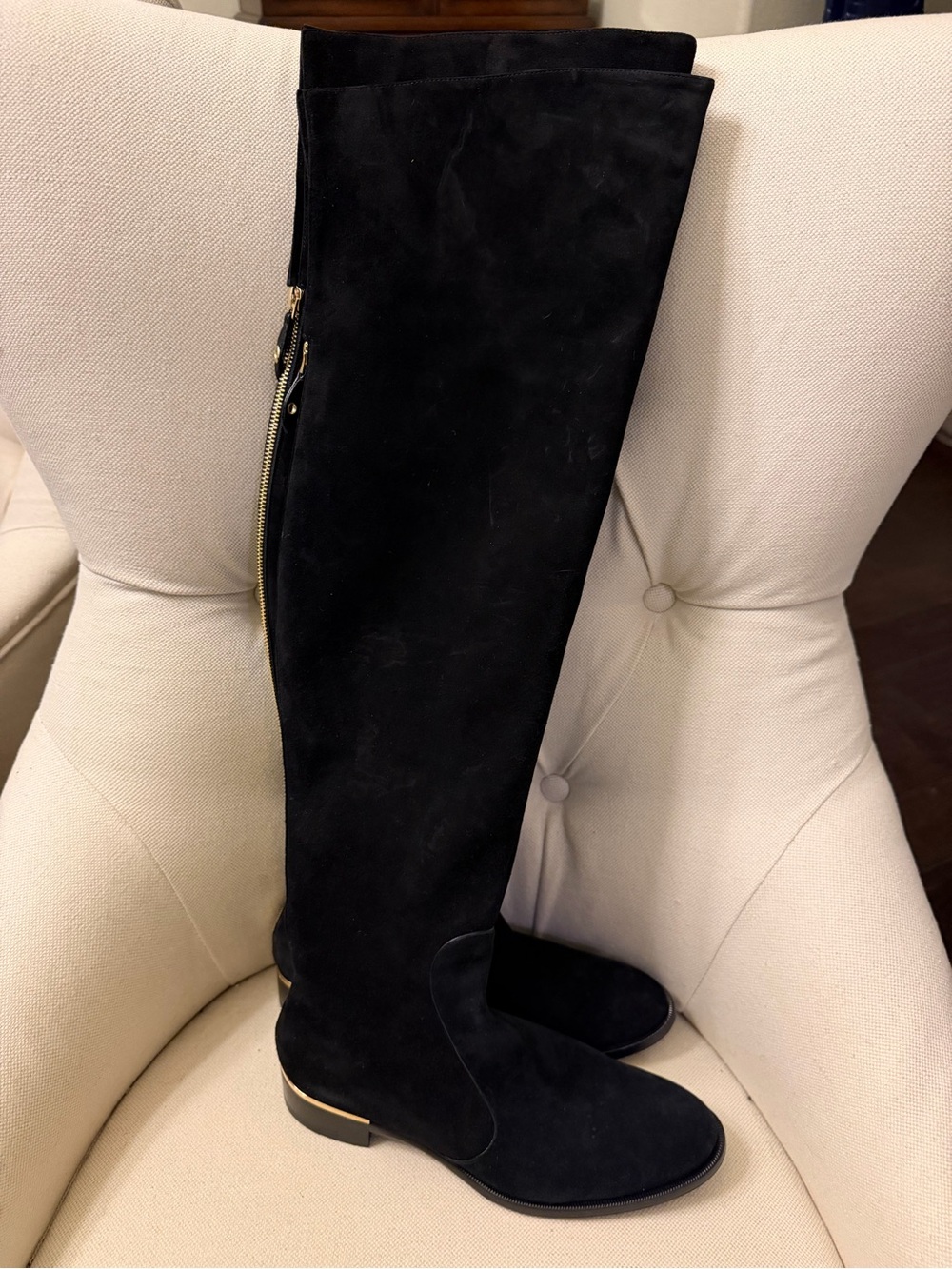 Louis Vuitton Black Suede Over-the-Knee Boots with Gold Zip Accent